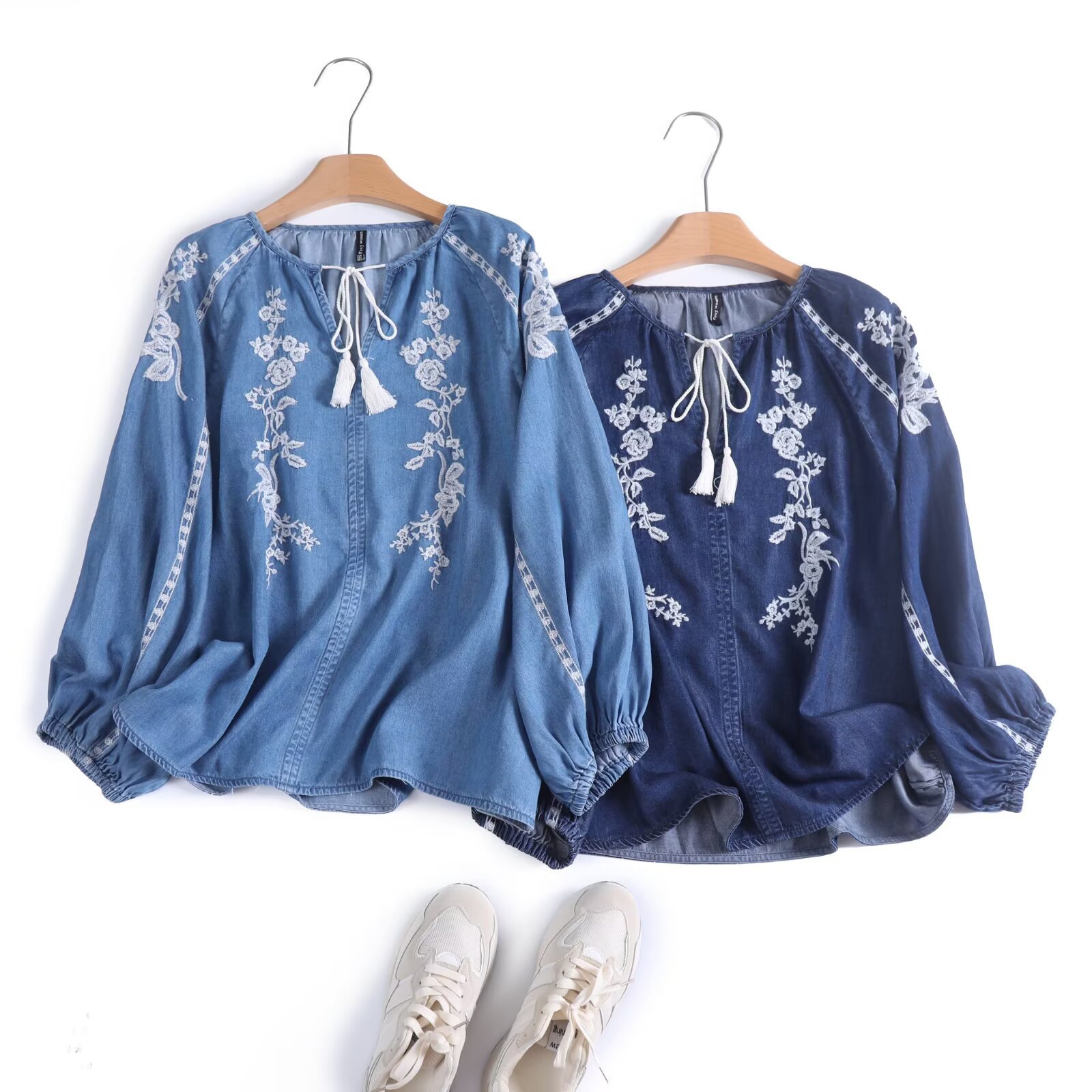Tassel Fringe Trim - Frauen Denim Bluse Top Blume Stickerei