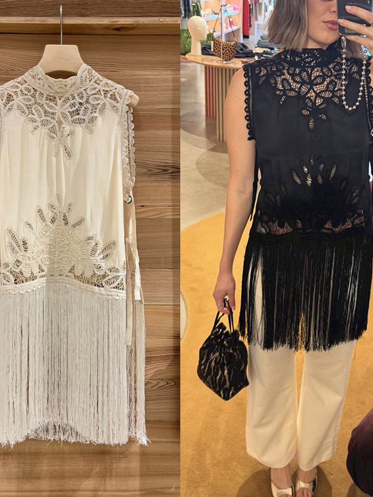 Tassel Fringe Trim - Französischer Stil Knoten-Hohlmuster Ärmelloses Stehkragen-Damenhemd Sommer